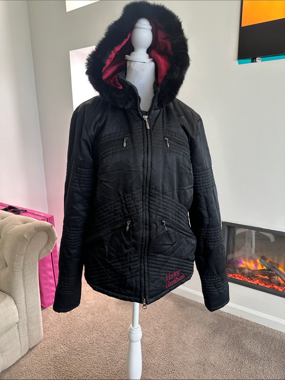 Harley Davidson Black Hooded Puffer Jacket with Faux Fur Trim